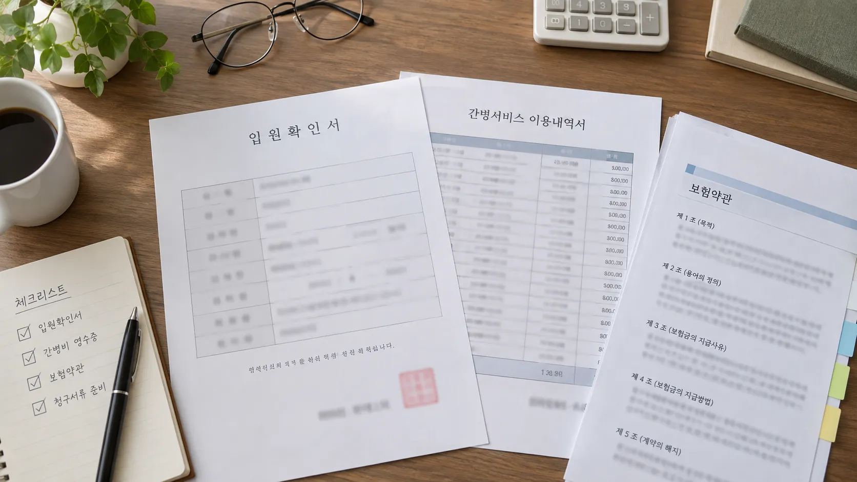 간병비 영수증과 입퇴원확인서를 준비하는 장면