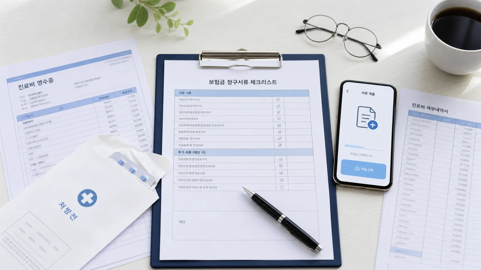보험금 청구서류 체크리스트와 진료비 영수증을 정리하는 장면