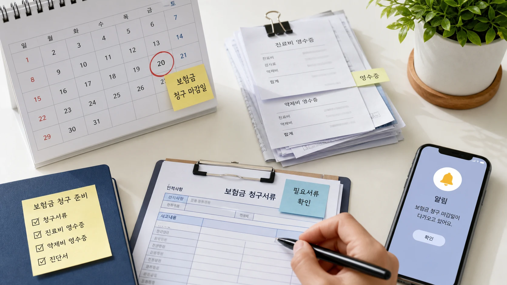 보험금 청구 마감일을 달력과 진료비 영수증으로 확인하는 장면