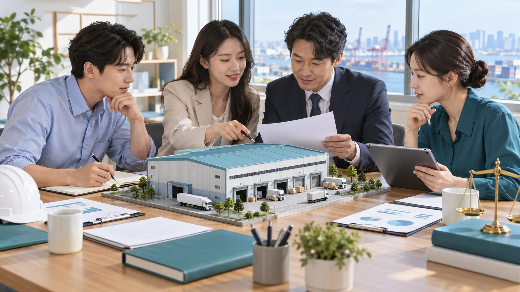 대형 창고 모형 주위에서 위험 분담 서류를 검토하는 협업 책상