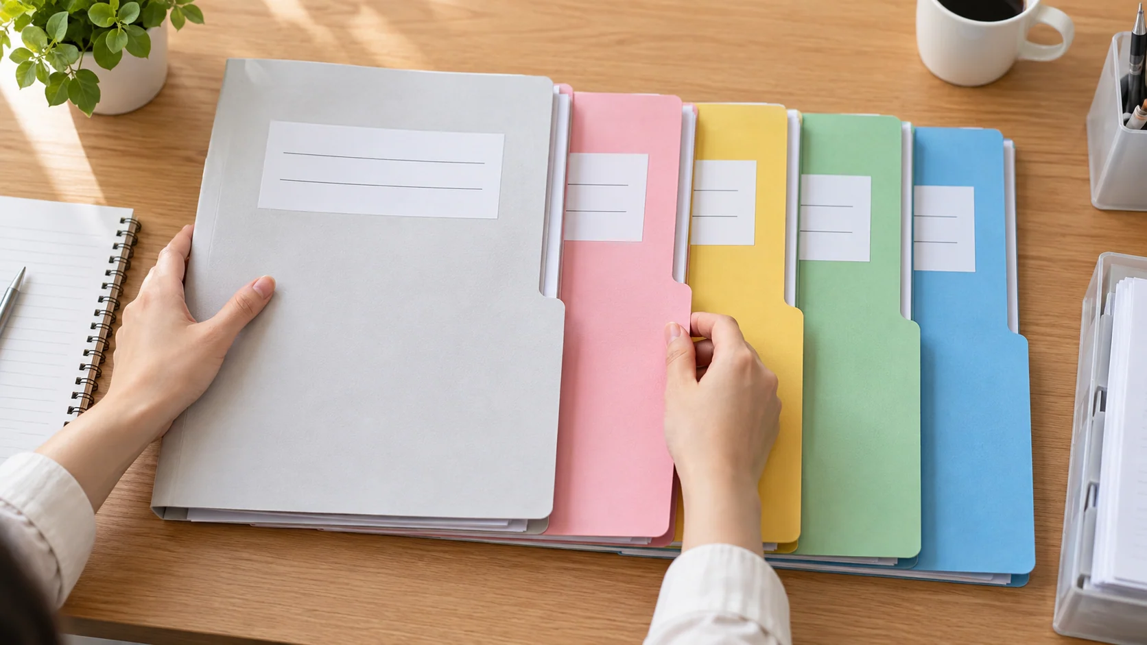 기본 파일과 여러 색상의 특약 파일을 순서대로 정리하는 손