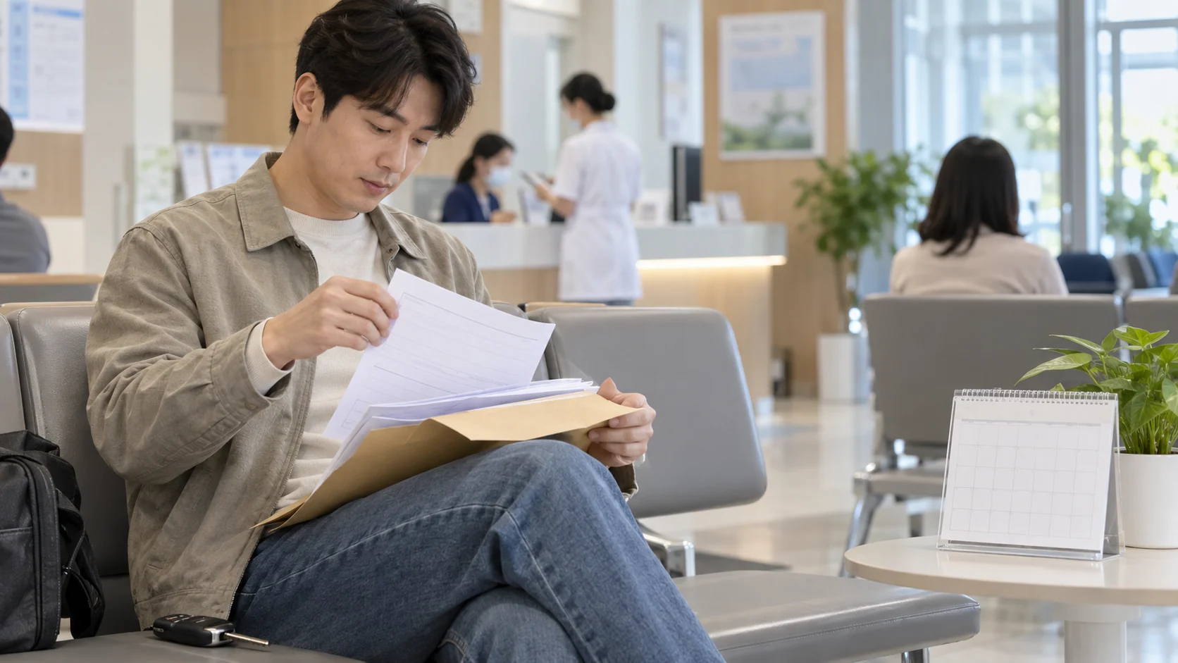 가벼운 교통사고 후 진료를 마치고 치료 서류를 정리하는 운전자