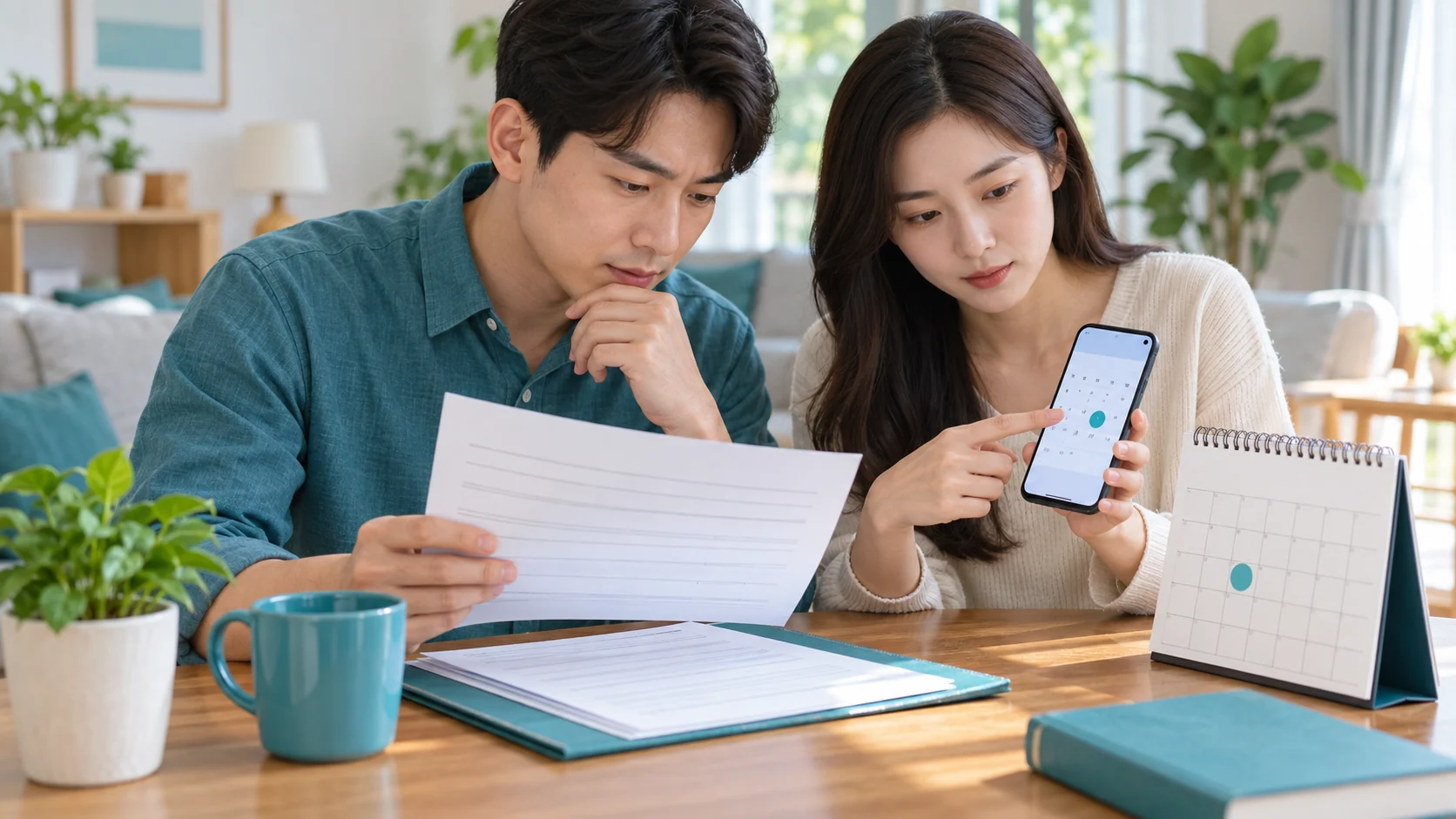 보험증권 수령일을 달력과 휴대전화 기록으로 확인하는 장면
